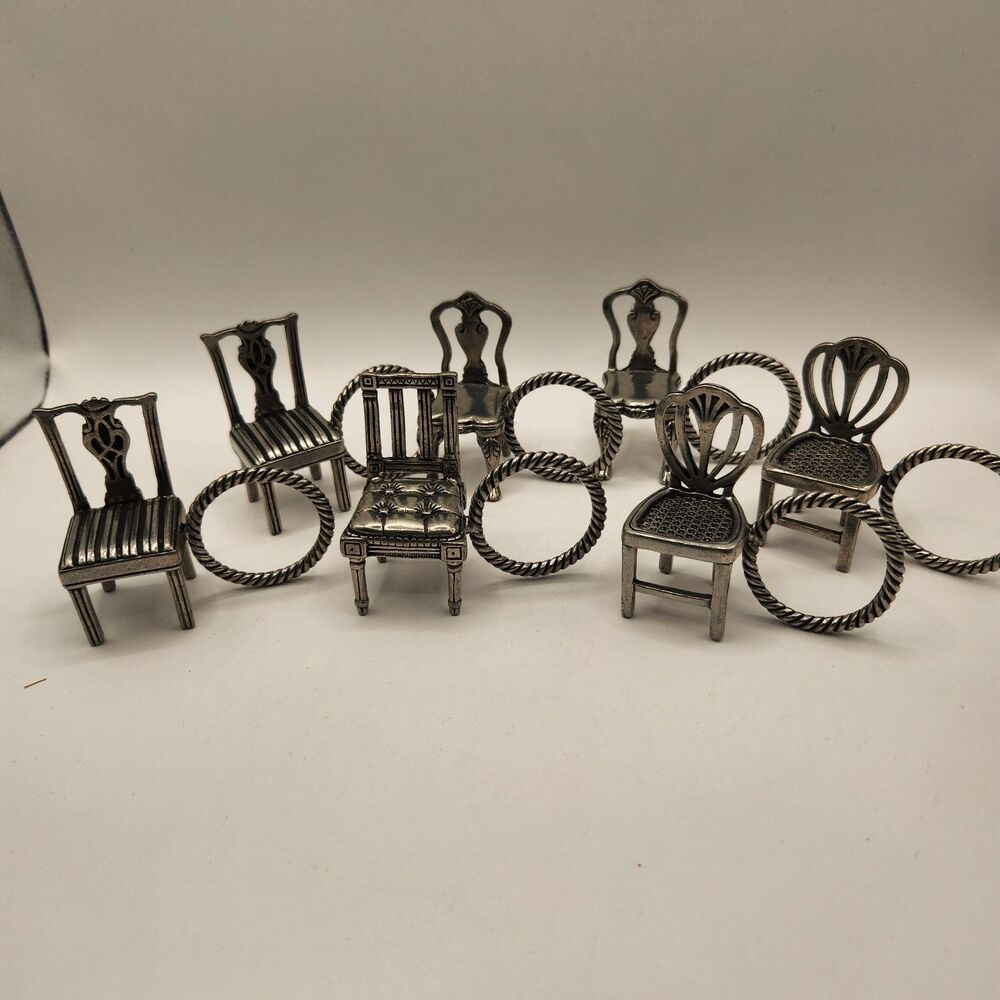 Set Of 7 Williamsburg Kirk Stieff Pewter Chairs Place Name Card Napkin Holders